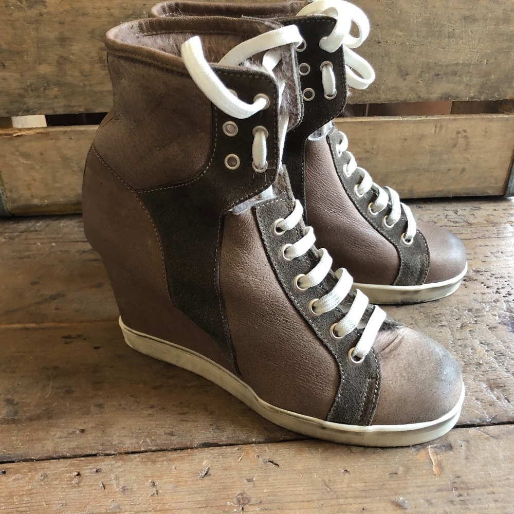 FashionLab Italian Leather Wedge lace Up Booties